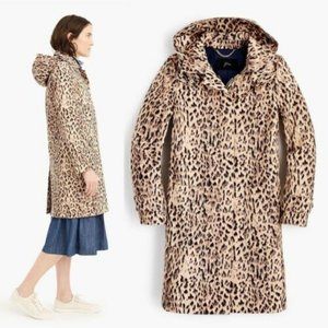 NWT J. Crew Leopard Print Trench Rain Coat with Removable Hood Sz 00